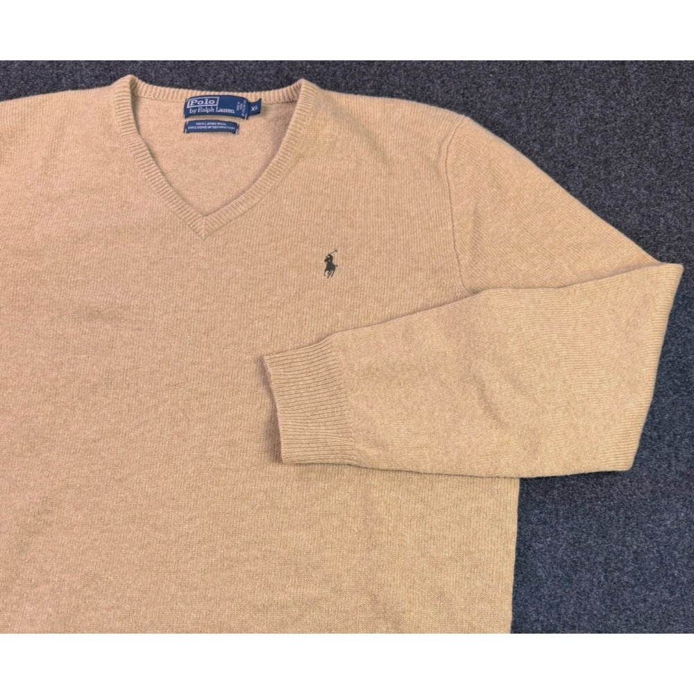 Polo Ralph Lauren Mens Sweater XL Tan 100% Lambs Wool V-Neck Vintage Preppy 90's